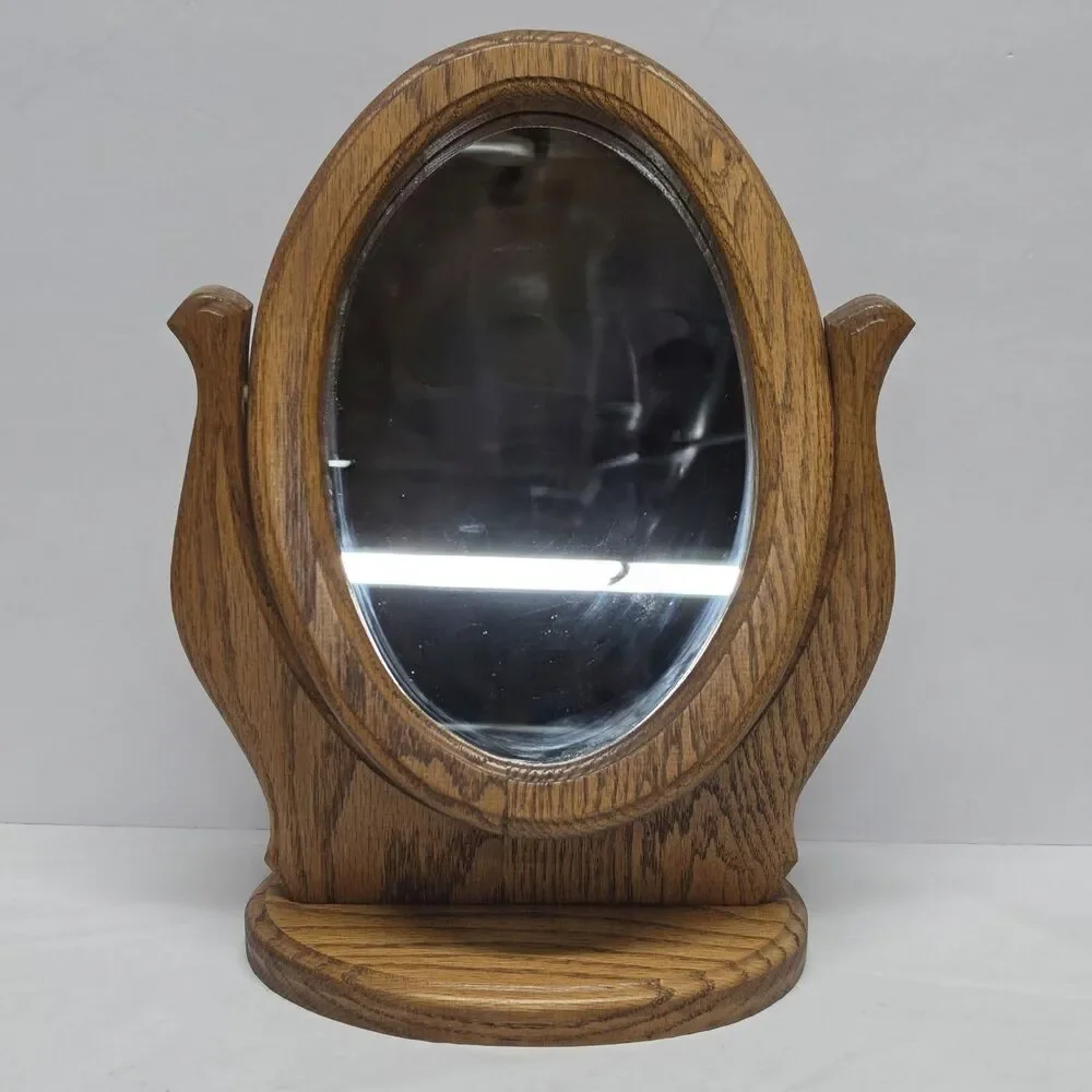 Vintage Mirror Oak Wood Circular Frame Swivel Vanity Mirror Magnified Makeup